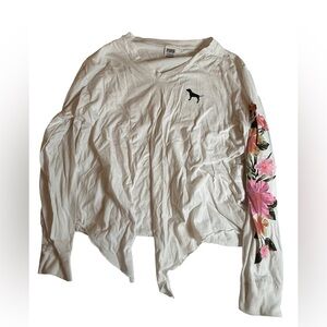 Victoria's Secret Cream Long Sleeve Tee with Black Logo and Pink Floral Sleeve